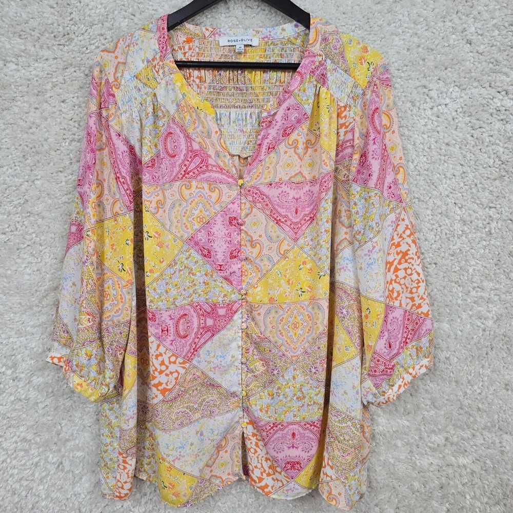 Rose + Olive Patchwork Blouse Womens 2X Pink Yellow Paisley Boho Festival Top